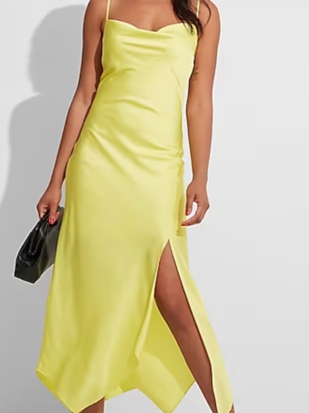 Express Lemon Yellow Satin Cowl Neck Asymmetric Maxi Slip Dress, Women's XS